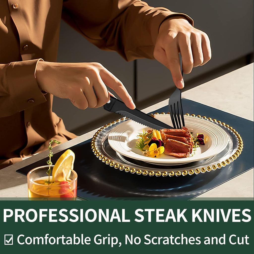 24 Piece Black Stainless Steel Cutlery Set for 4 with Steak Knives