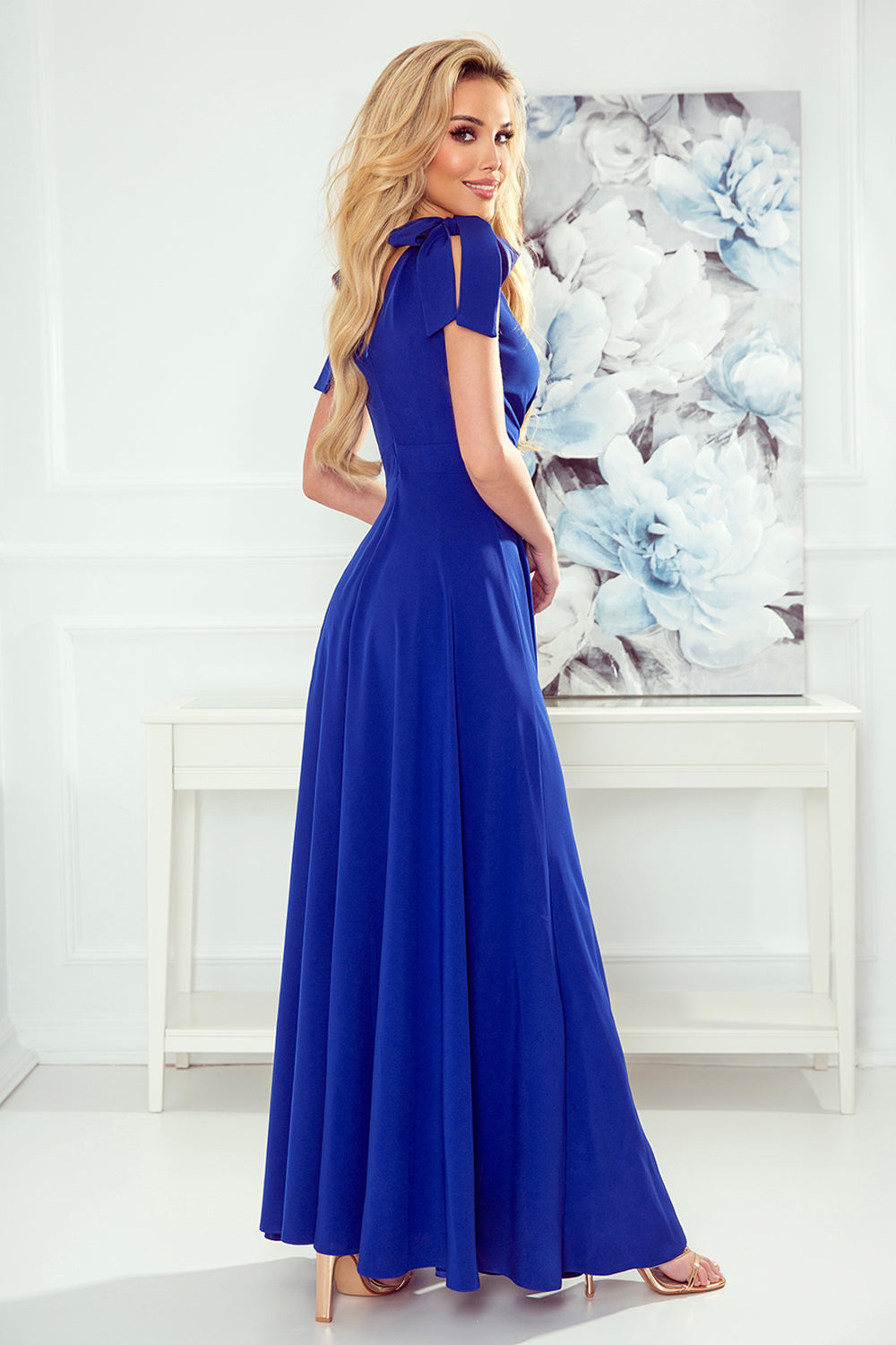 Numoco 405-2 ELENA Long dress with a neckline and ties on the shoulders - blue-1