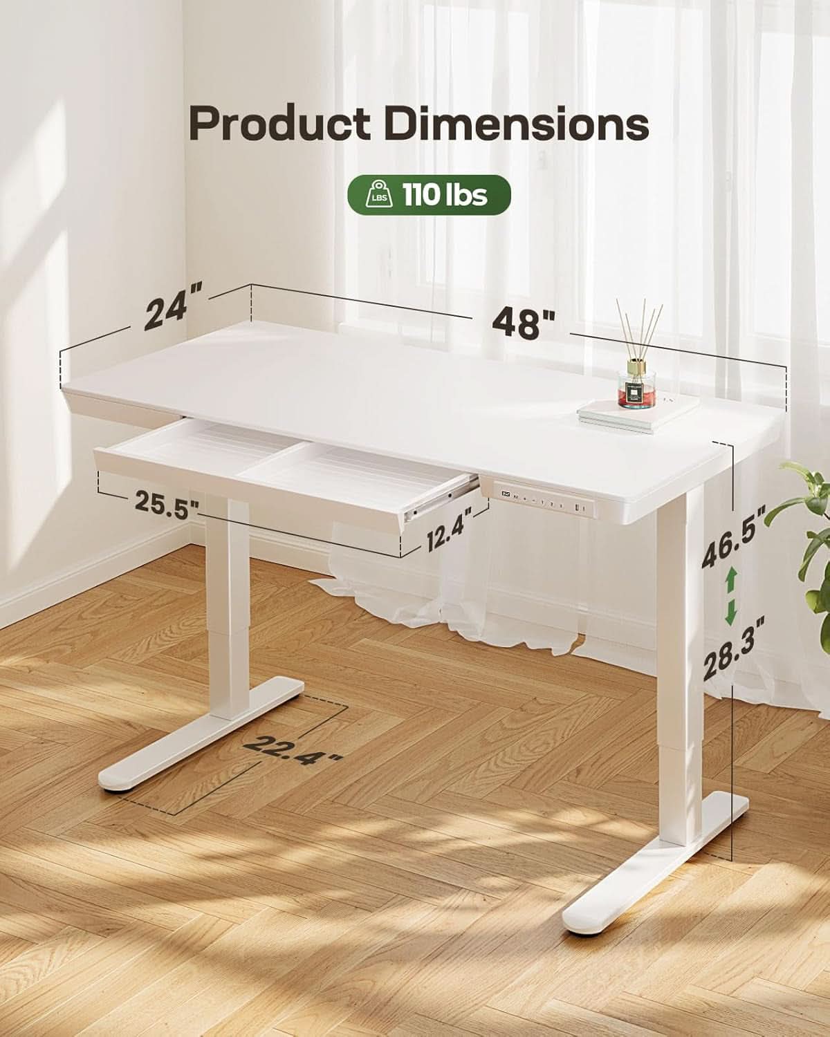 Height Adjustable Standing Desk 48x24 Inch With USB Ports And Drawer White-2