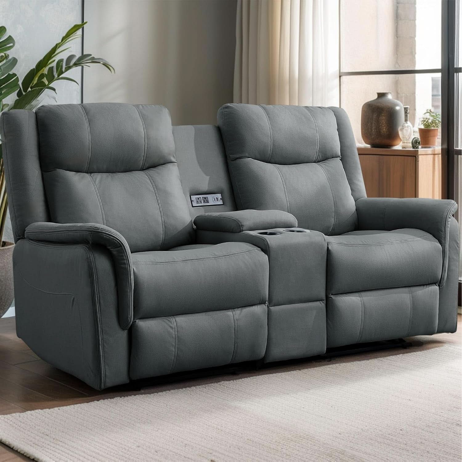 Two Seater Recliner Sofa With USB Charging Port And Cup Holders-0