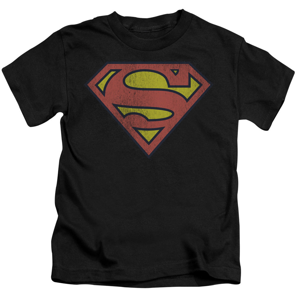 DC Comics Retro Supes Logo Distressed Juvenile Kids Youth T Shirt Black Officially Licensed