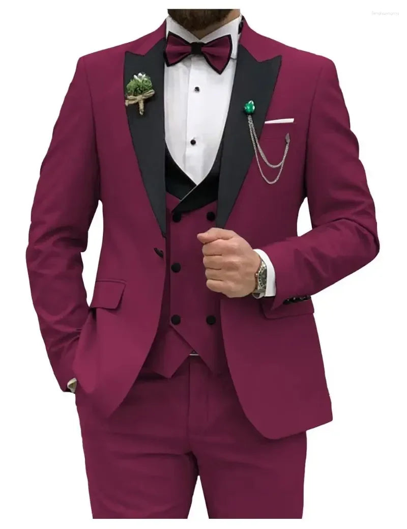 Men's Slim Fit 3-Piece Suit Formal Set (Maroon)-0