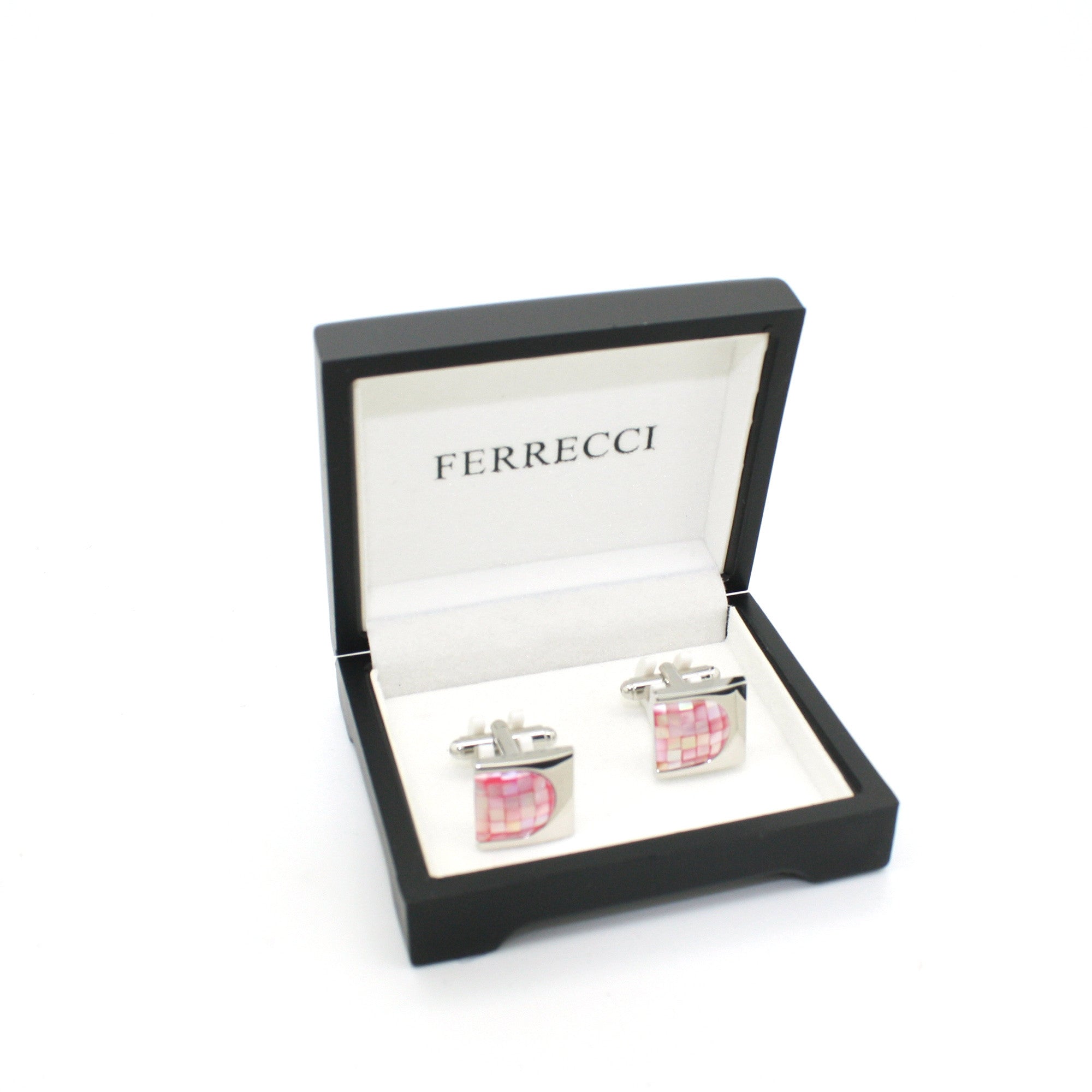Silvertone U Pink Shell Cuff Links With Jewelry Box-1