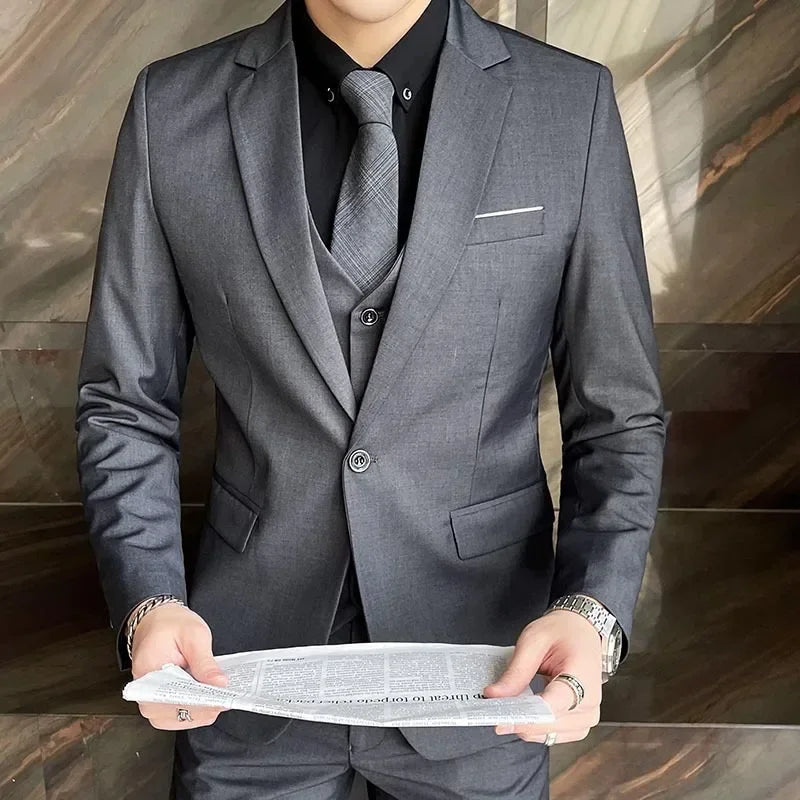 Mens Formal Suit Set Blazer Vest Pants (Gray)-2