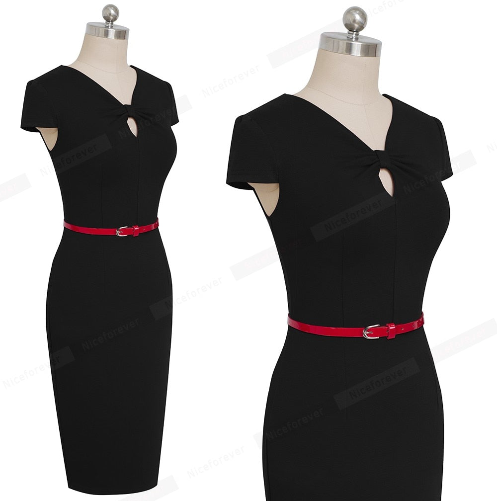 Vintage Brief Solid Color Business Keyhole vestidos Formal Work Office Women Bodycon Female Pencil Dress-4
