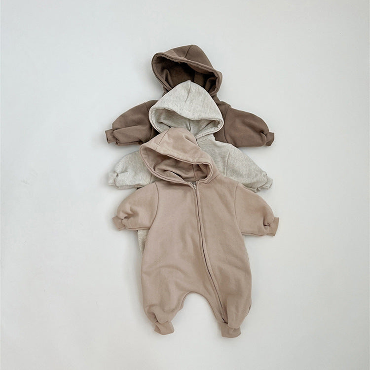 Arrival Winter and Autumn Baby Unisex Solid Color Long Sleeves Zip-up Hooded Rompers-3
