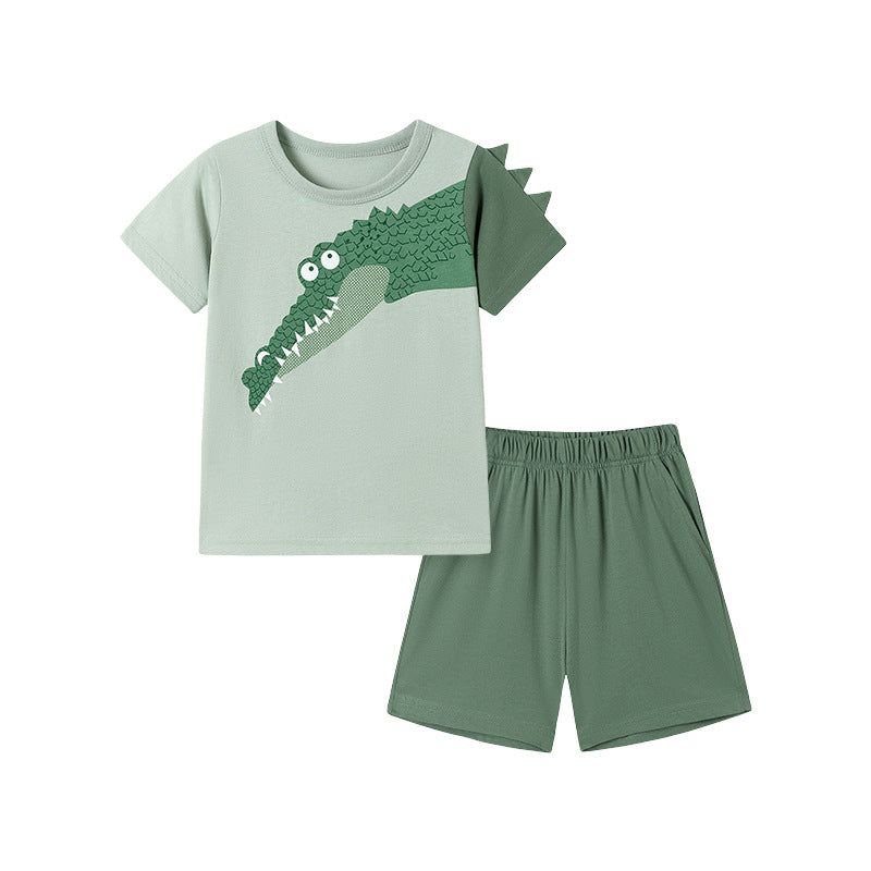 Summer Hot Selling Baby Kids Boys Short Sleeves Cartoon Pattern T-shirt and Plain Shorts Clothing Set-4