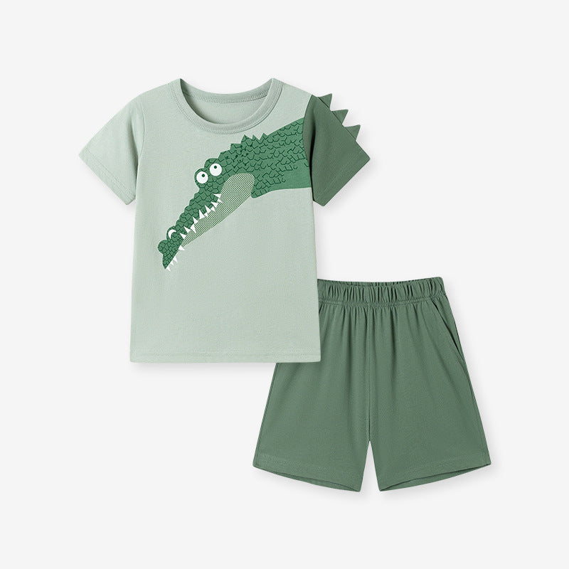 Summer Hot Selling Baby Kids Boys Short Sleeves Cartoon Pattern T-shirt and Plain Shorts Clothing Set-0