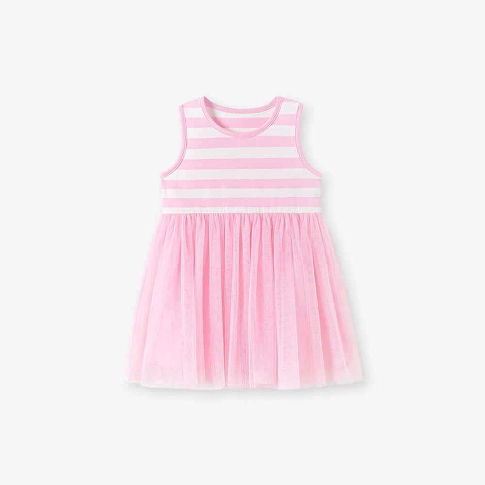 Summer Arrival Striped Pattern Sleeveless Tulle Patchwork Dress for Stylish Girls-2