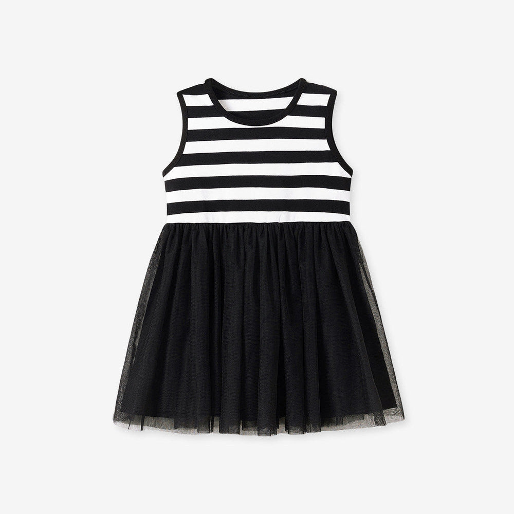 Summer Arrival Striped Pattern Sleeveless Tulle Patchwork Dress for Stylish Girls-1