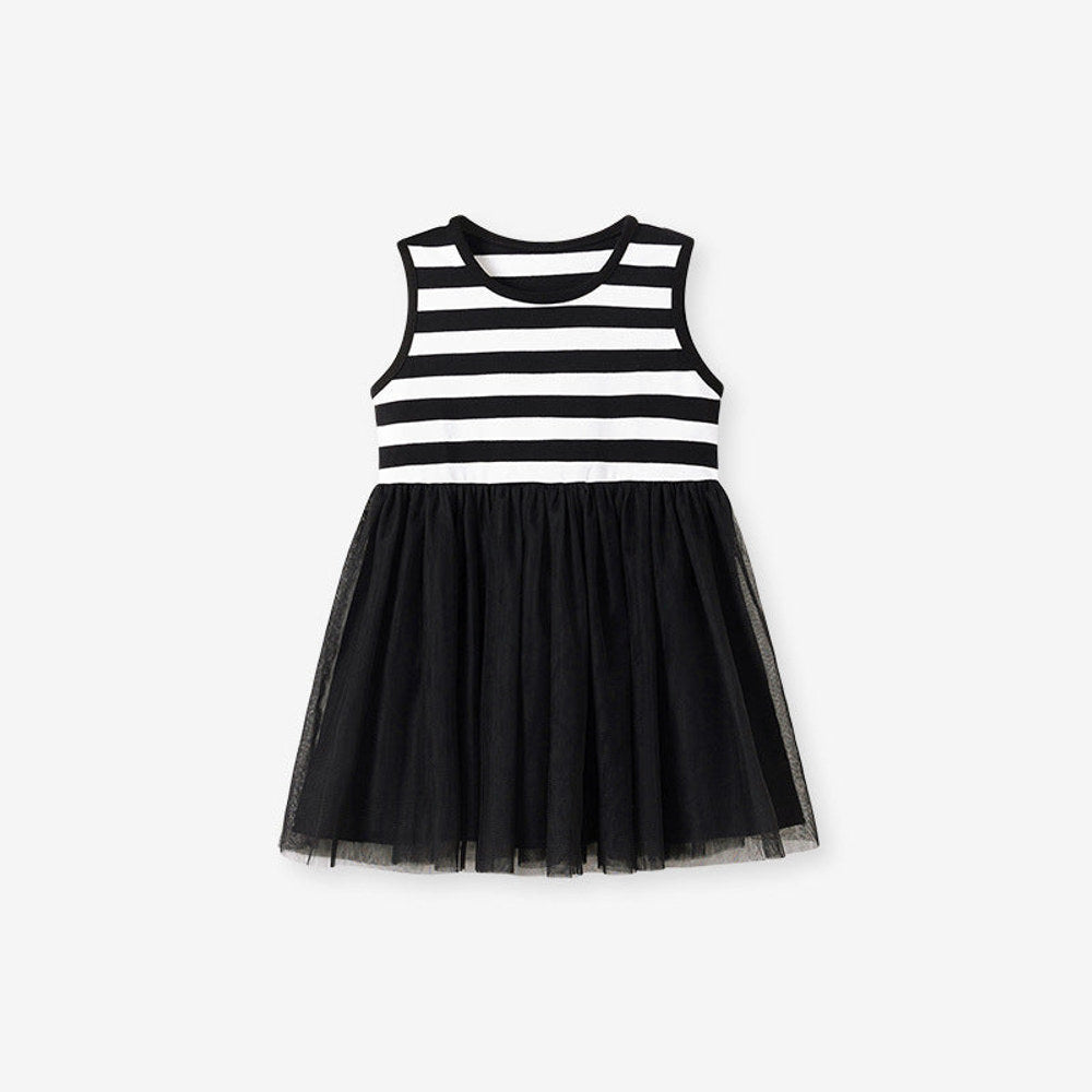 Summer Arrival Striped Pattern Sleeveless Tulle Patchwork Dress for Stylish Girls-0
