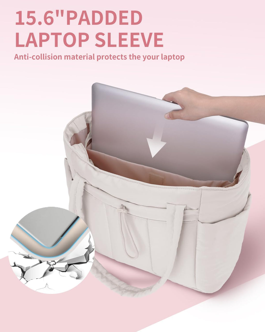 Quilted Puffer Tote Bag with Laptop Sleeve & Cup Holder 20L Travel Work